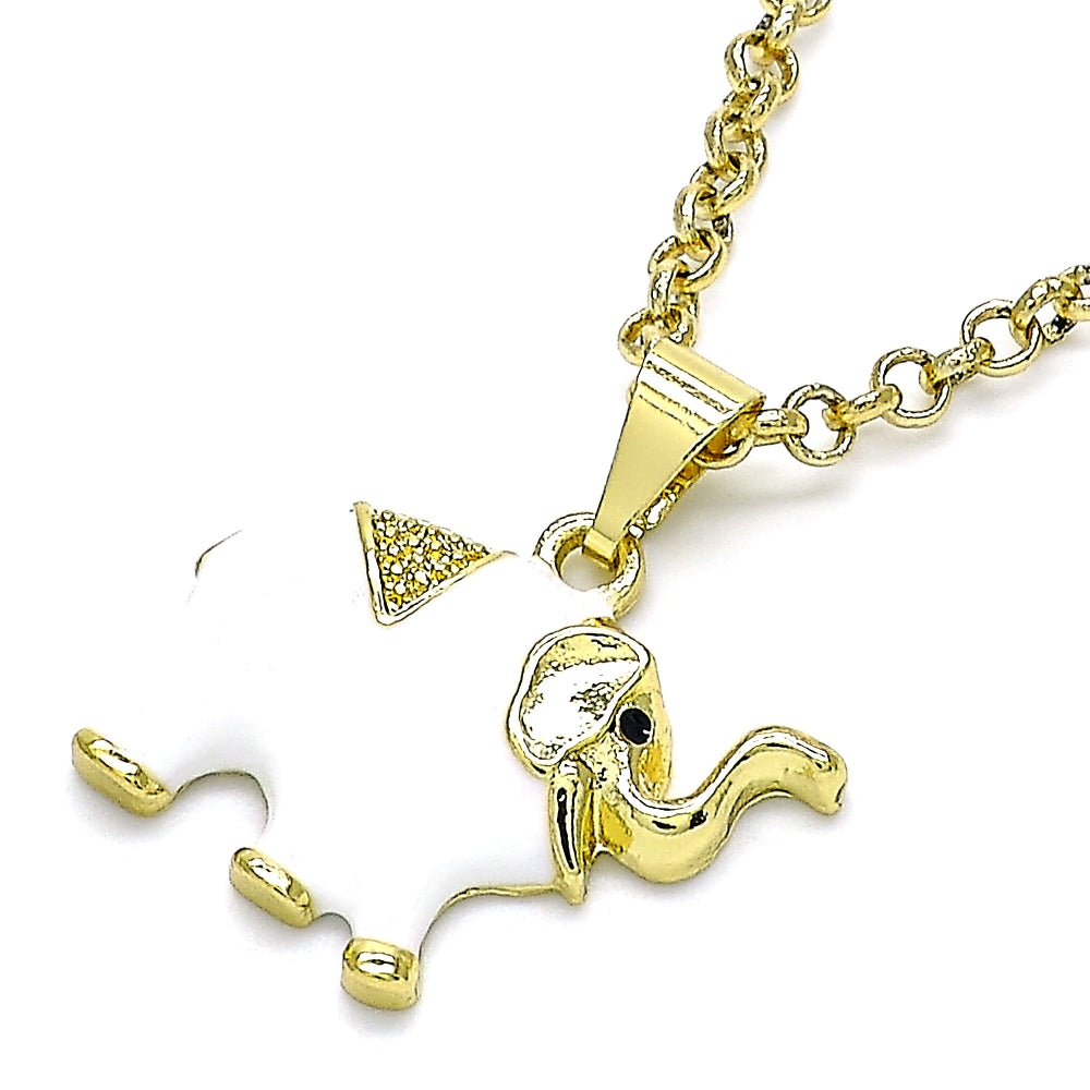 Oro Laminado Fancy Pendant, Gold Filled Style Elephant Design, White Enamel Finish, Golden Finish