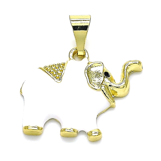 Oro Laminado Fancy Pendant, Gold Filled Style Elephant Design, White Enamel Finish, Golden Finish