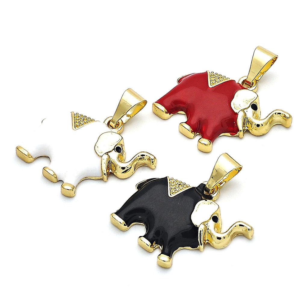 Oro Laminado Fancy Pendant, Gold Filled Style Elephant Design, White Enamel Finish, Golden Finish