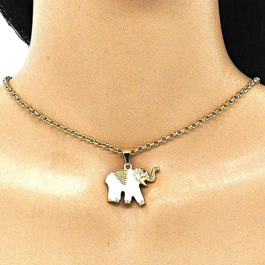 Oro Laminado Fancy Pendant, Gold Filled Style Elephant Design, White Enamel Finish, Golden Finish