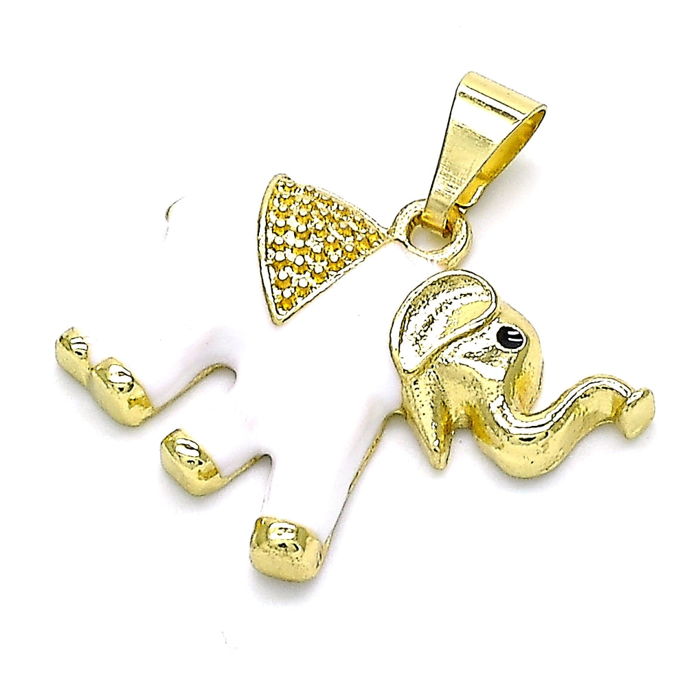 Oro Laminado Fancy Pendant, Gold Filled Style Elephant Design, White Enamel Finish, Golden Finish