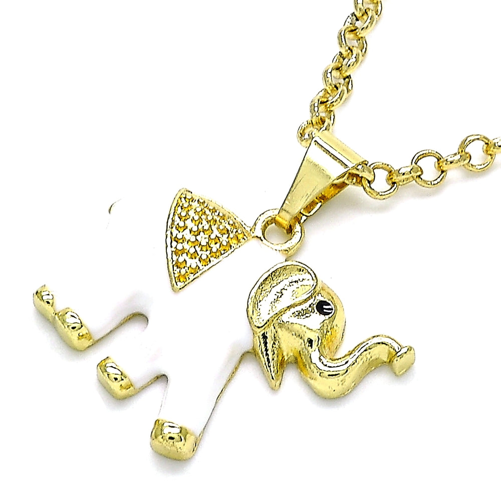 Oro Laminado Fancy Pendant, Gold Filled Style Elephant Design, White Enamel Finish, Golden Finish