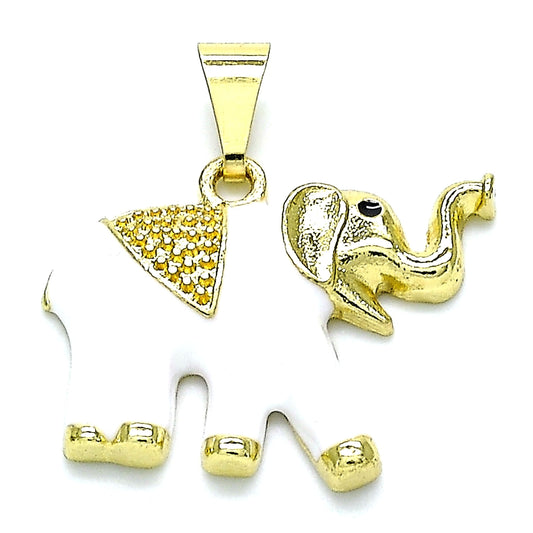 Oro Laminado Fancy Pendant, Gold Filled Style Elephant Design, White Enamel Finish, Golden Finish