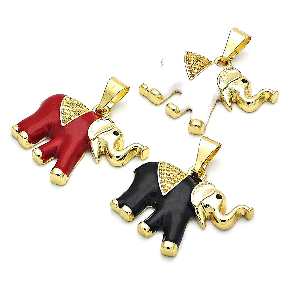 Oro Laminado Fancy Pendant, Gold Filled Style Elephant Design, White Enamel Finish, Golden Finish