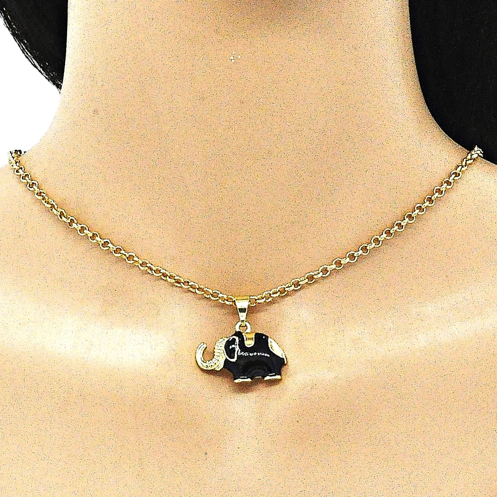 Oro Laminado Fancy Pendant, Gold Filled Style Elephant Design, Black Enamel Finish, Golden Finish