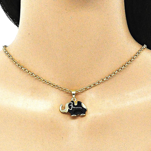Oro Laminado Fancy Pendant, Gold Filled Style Elephant Design, Black Enamel Finish, Golden Finish