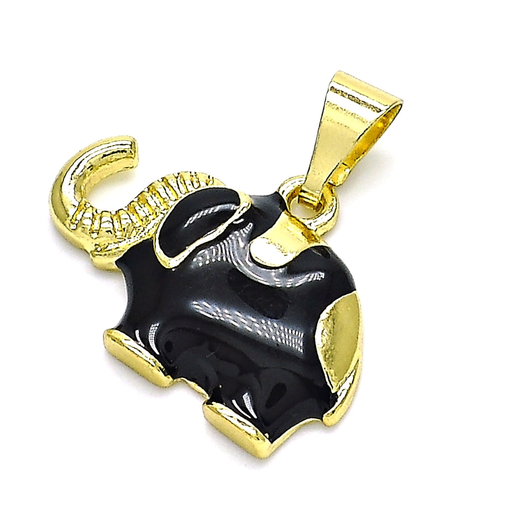 Oro Laminado Fancy Pendant, Gold Filled Style Elephant Design, Black Enamel Finish, Golden Finish