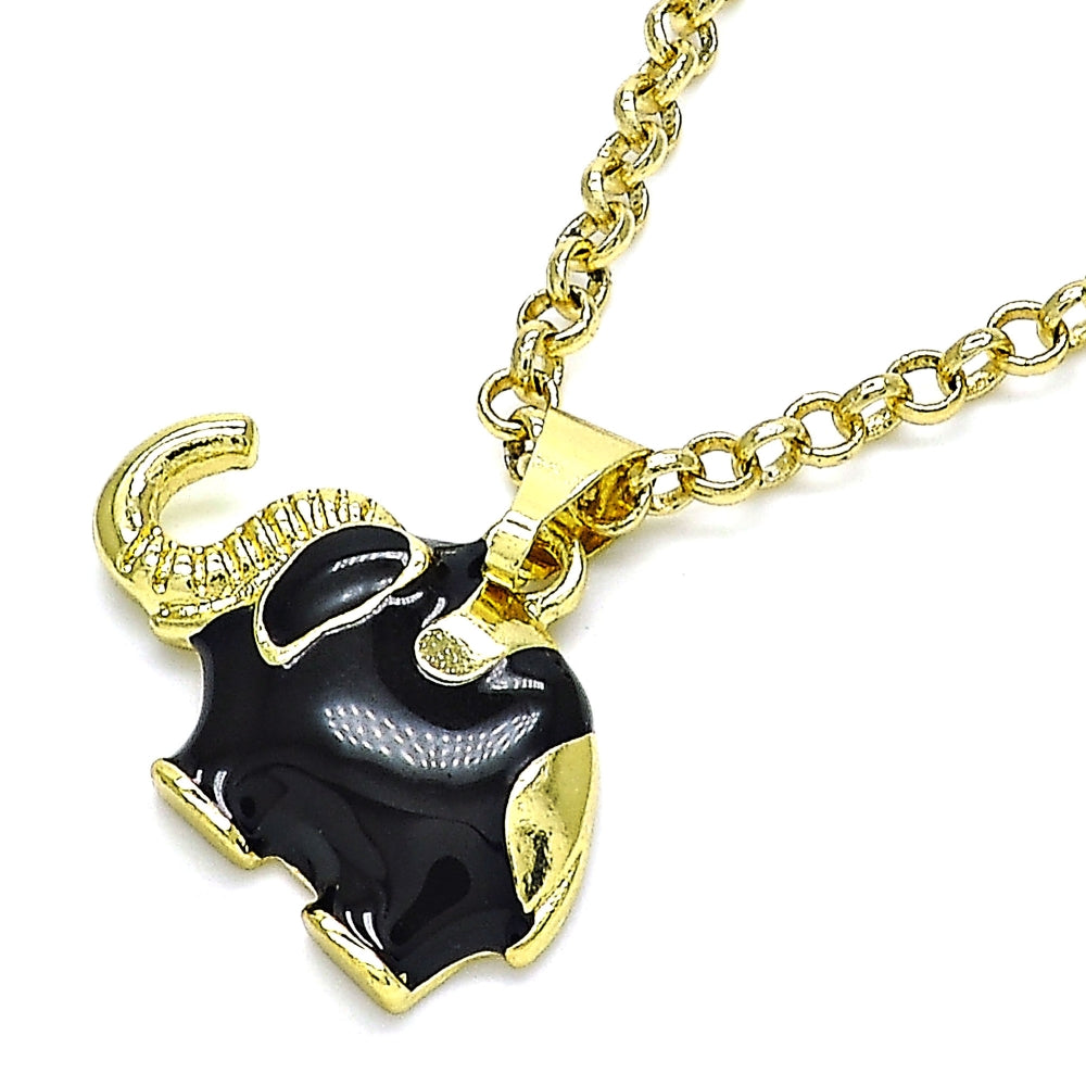 Oro Laminado Fancy Pendant, Gold Filled Style Elephant Design, Black Enamel Finish, Golden Finish