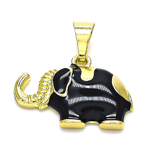 Oro Laminado Fancy Pendant, Gold Filled Style Elephant Design, Black Enamel Finish, Golden Finish