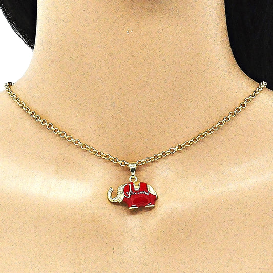 Oro Laminado Fancy Pendant, Gold Filled Style Elephant Design, Red Enamel Finish, Golden Finish