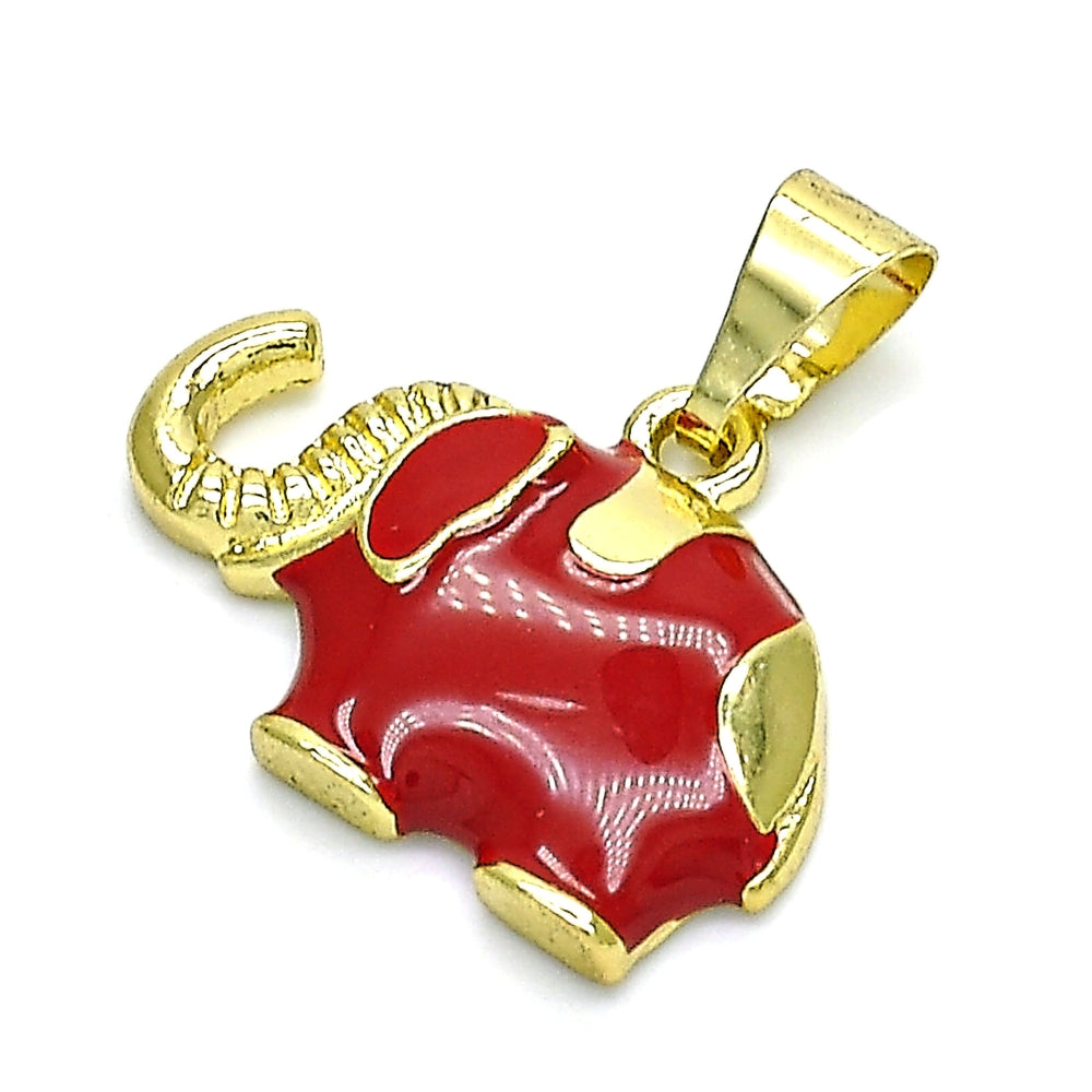 Oro Laminado Fancy Pendant, Gold Filled Style Elephant Design, Red Enamel Finish, Golden Finish