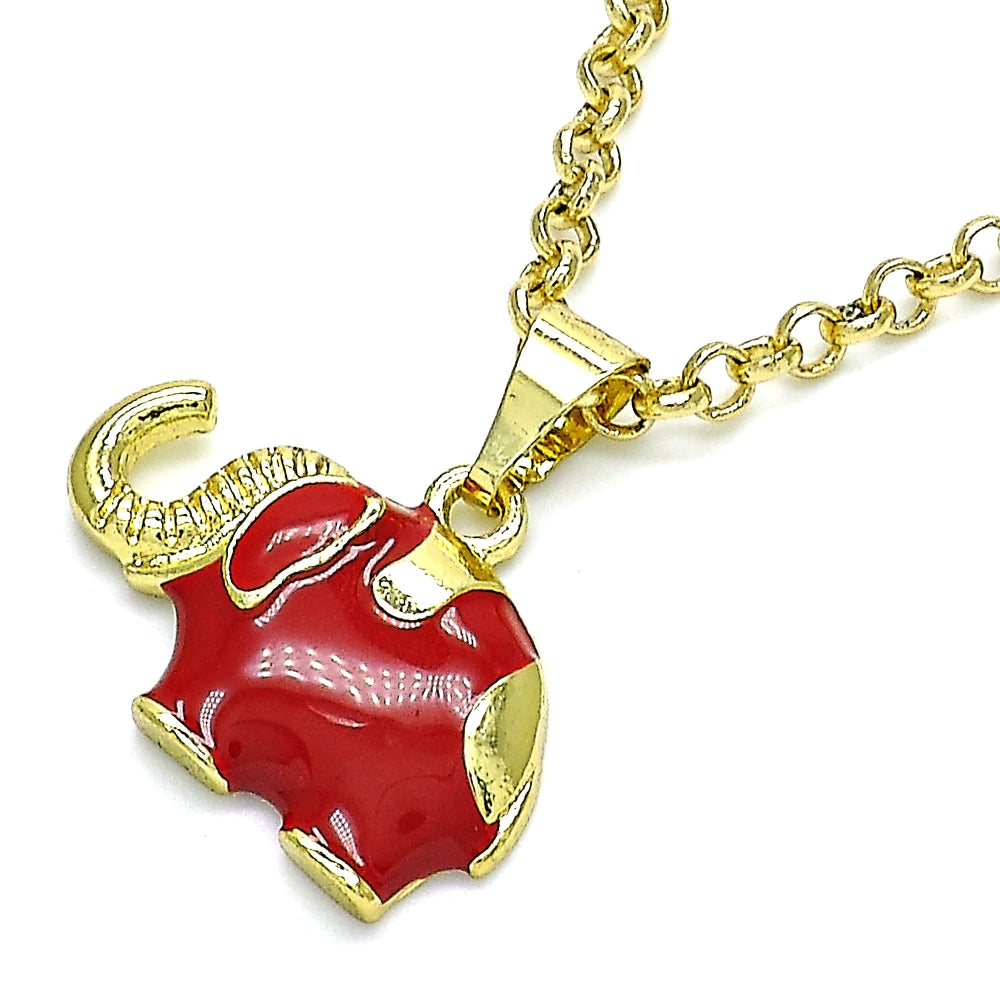Oro Laminado Fancy Pendant, Gold Filled Style Elephant Design, Red Enamel Finish, Golden Finish