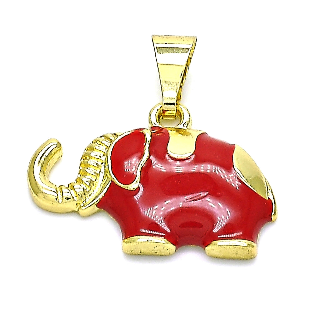 Oro Laminado Fancy Pendant, Gold Filled Style Elephant Design, Red Enamel Finish, Golden Finish