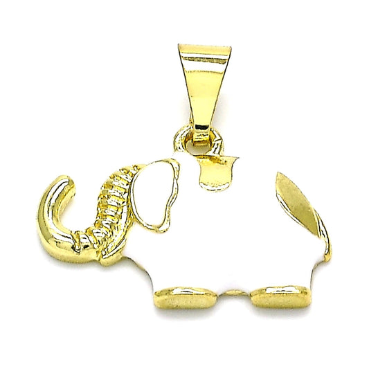 Oro Laminado Fancy Pendant, Gold Filled Style Elephant Design, White Enamel Finish, Golden Finish
