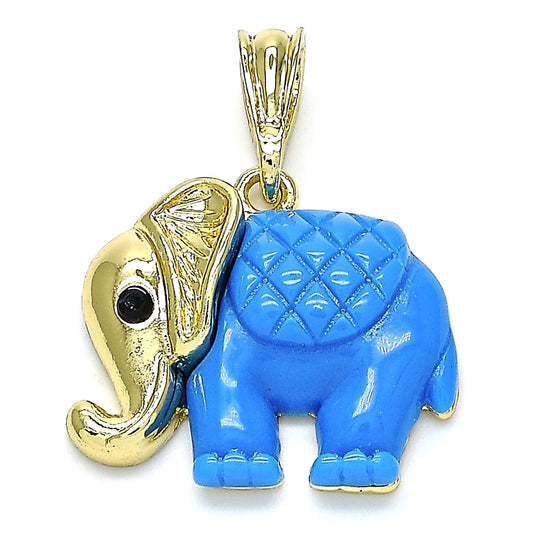 Oro Laminado Fancy Pendant, Gold Filled Style Elephant Design, with Black Crystal, Blue Resin Finish, Golden Finish