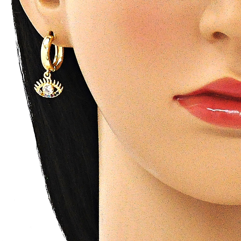 Oro Laminado Huggie Hoop, Gold Filled Style Evil Eye Design, with Black Cubic Zirconia and White Micro Pave, Polished, Golden Finish