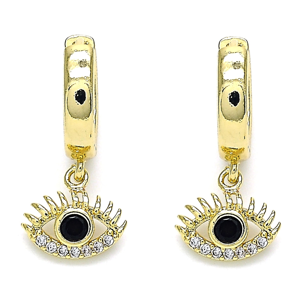 Oro Laminado Huggie Hoop, Gold Filled Style Evil Eye Design, with Black Cubic Zirconia and White Micro Pave, Polished, Golden Finish