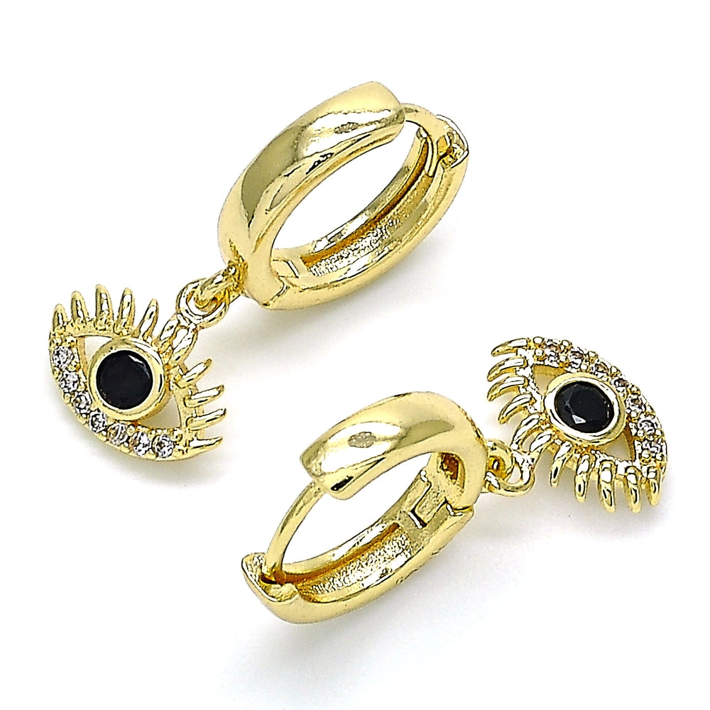 Oro Laminado Huggie Hoop, Gold Filled Style Evil Eye Design, with Black Cubic Zirconia and White Micro Pave, Polished, Golden Finish