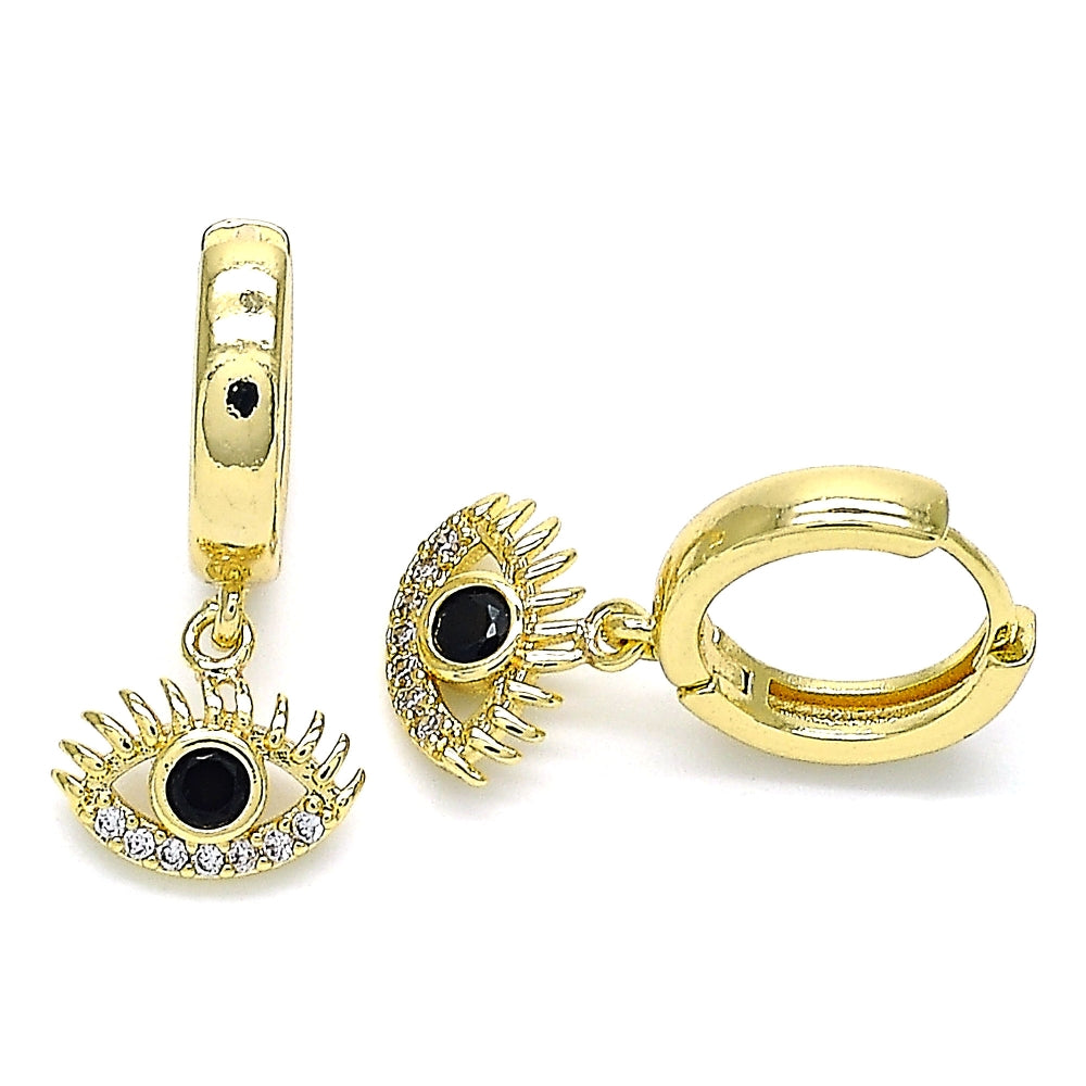 Oro Laminado Huggie Hoop, Gold Filled Style Evil Eye Design, with Black Cubic Zirconia and White Micro Pave, Polished, Golden Finish