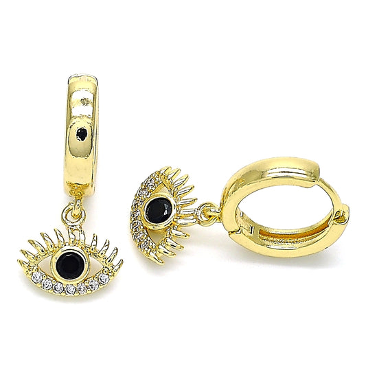 Oro Laminado Huggie Hoop, Gold Filled Style Evil Eye Design, with Black Cubic Zirconia and White Micro Pave, Polished, Golden Finish
