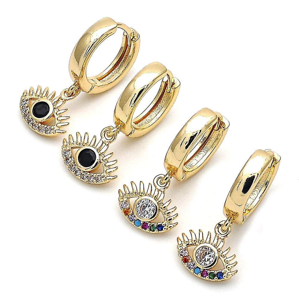 Oro Laminado Huggie Hoop, Gold Filled Style Evil Eye Design, with Black Cubic Zirconia and White Micro Pave, Polished, Golden Finish