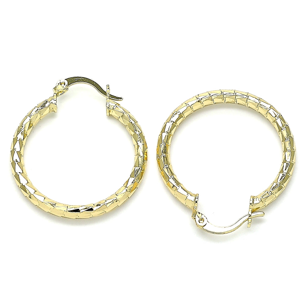 Oro Laminado Medium Hoop, Gold Filled Style Hollow Design, Diamond Cutting Finish, Golden Finish