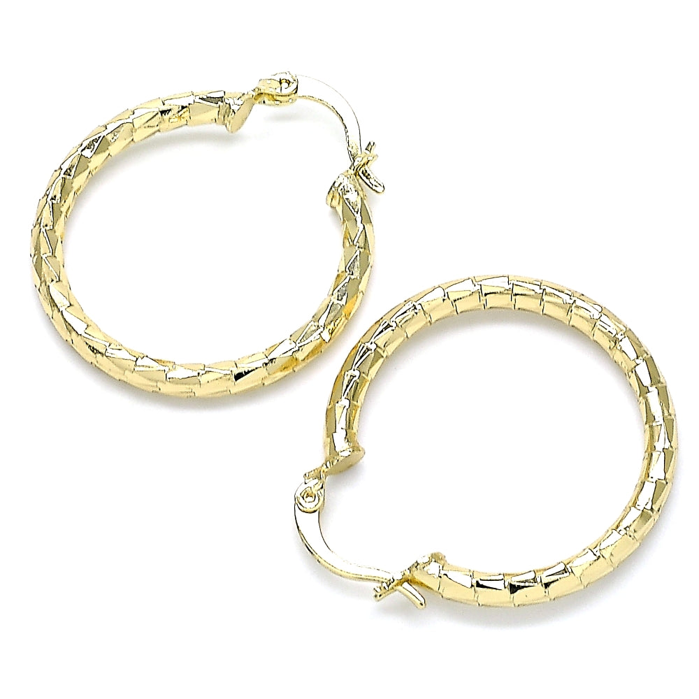 Oro Laminado Medium Hoop, Gold Filled Style Hollow Design, Diamond Cutting Finish, Golden Finish
