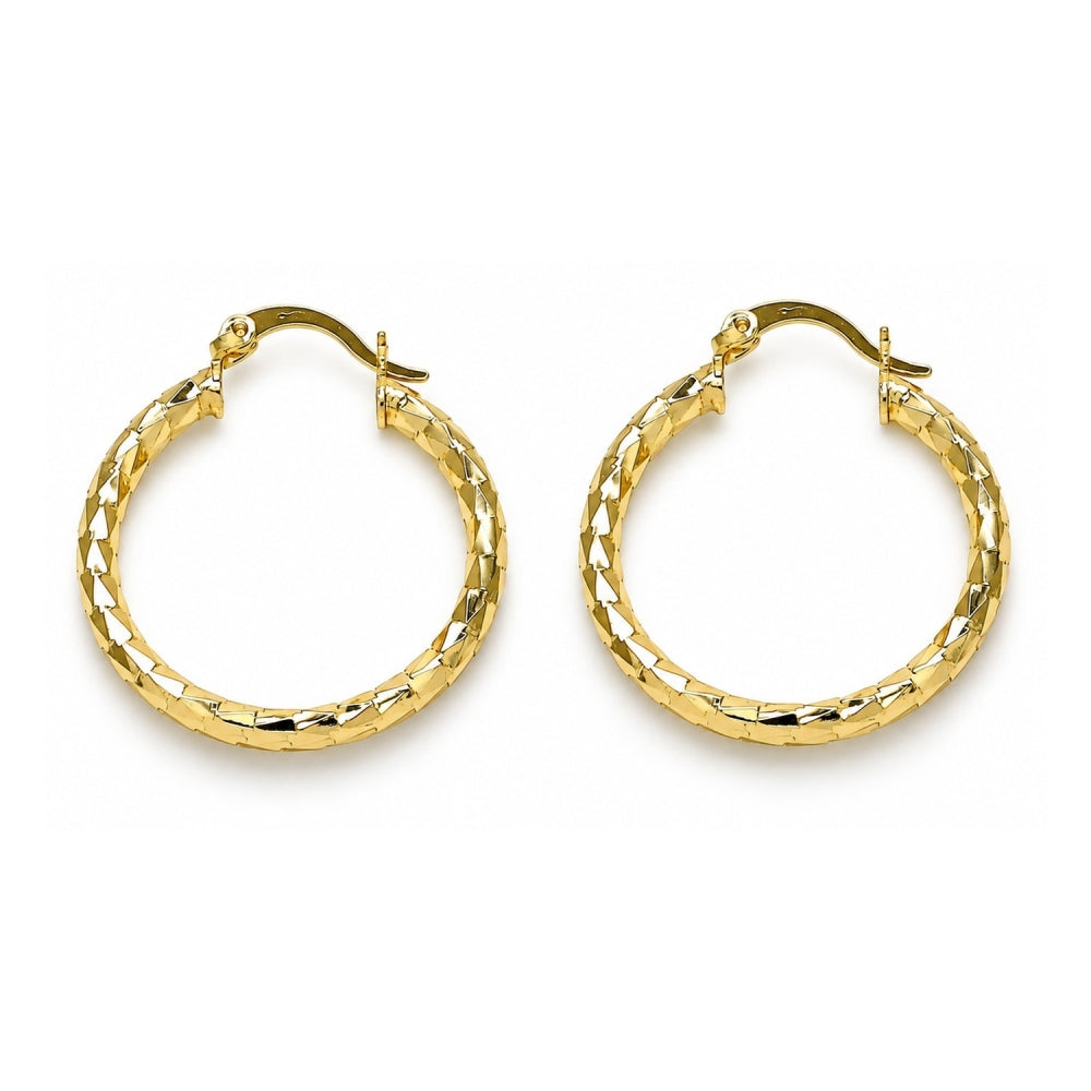 Oro Laminado Medium Hoop, Gold Filled Style Hollow Design, Diamond Cutting Finish, Golden Finish
