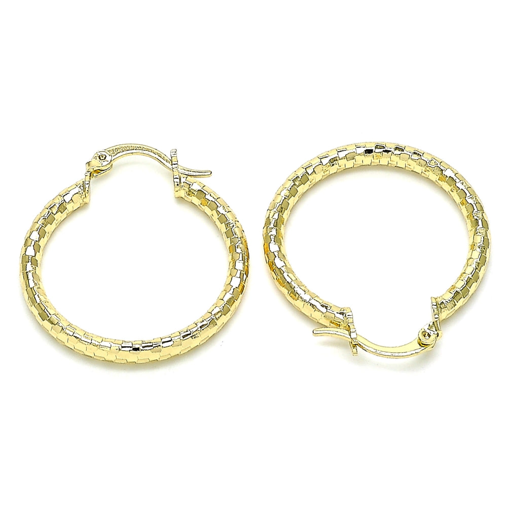 Oro Laminado Medium Hoop, Gold Filled Style Hollow Design, Diamond Cutting Finish, Golden Finish