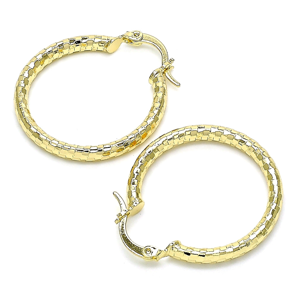 Oro Laminado Medium Hoop, Gold Filled Style Hollow Design, Diamond Cutting Finish, Golden Finish