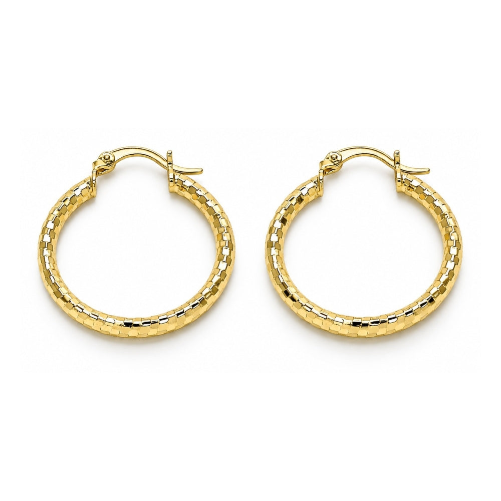 Oro Laminado Medium Hoop, Gold Filled Style Hollow Design, Diamond Cutting Finish, Golden Finish