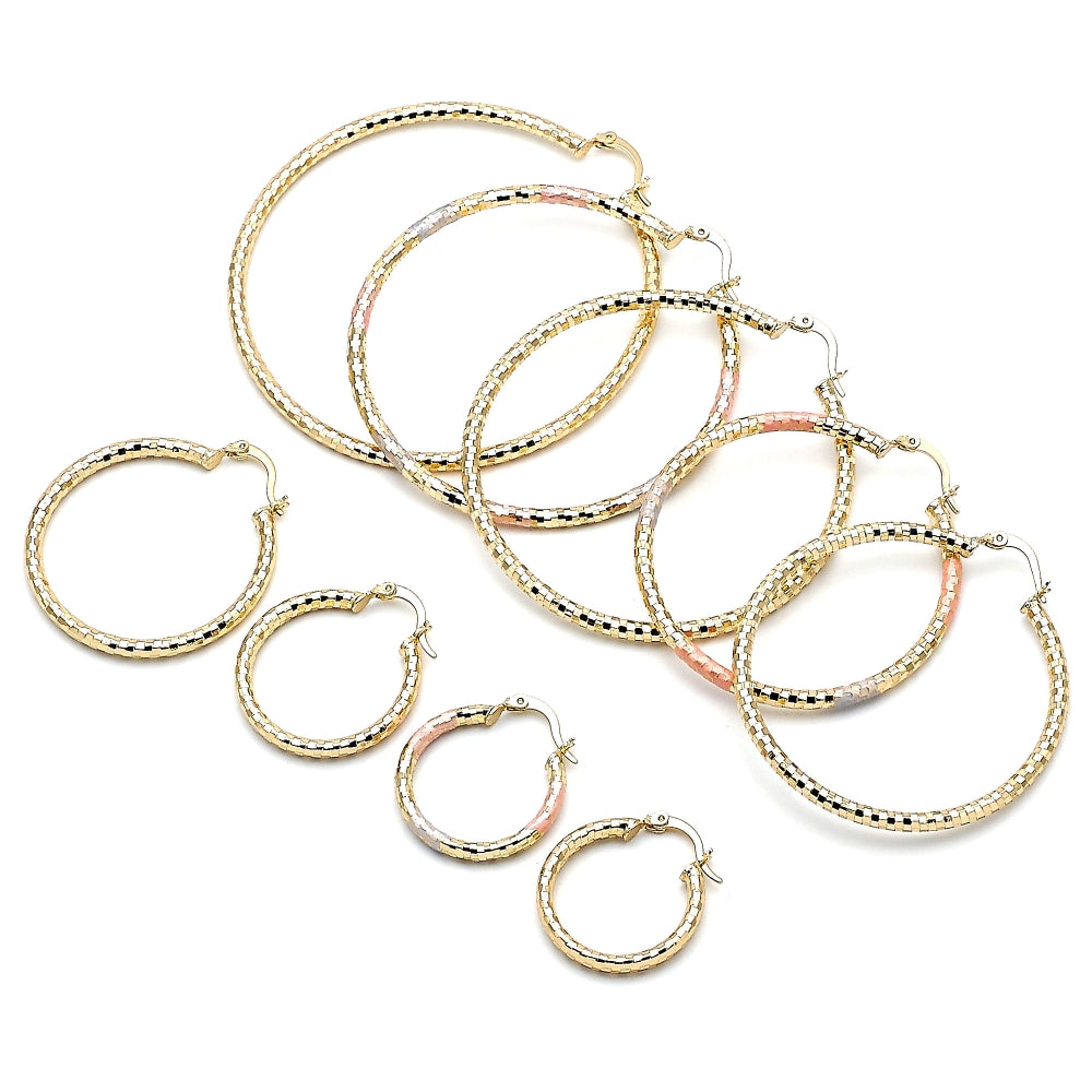 Oro Laminado Medium Hoop, Gold Filled Style Hollow Design, Diamond Cutting Finish, Golden Finish