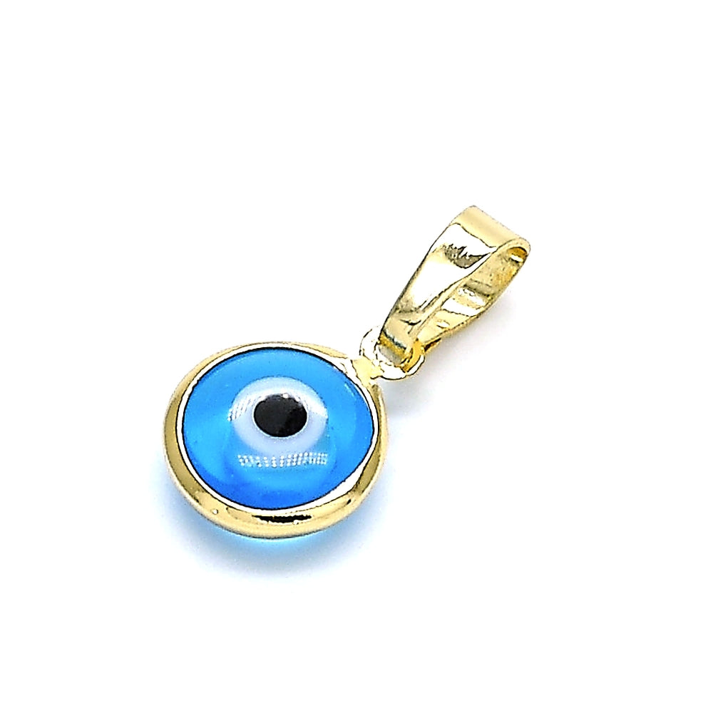 Oro Laminado Fancy Pendant, Gold Filled Style Evil Eye Design, Azul claro Resin Finish, Golden Finish