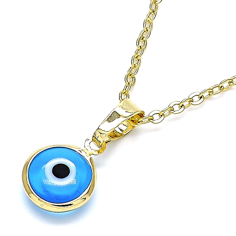 Oro Laminado Fancy Pendant, Gold Filled Style Evil Eye Design, Azul claro Resin Finish, Golden Finish