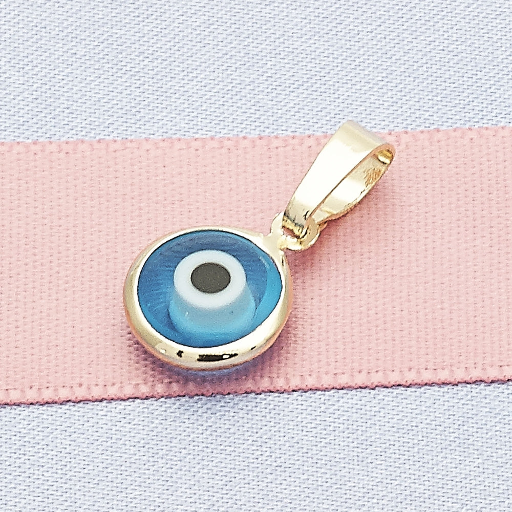 Oro Laminado Fancy Pendant, Gold Filled Style Evil Eye Design, Azul claro Resin Finish, Golden Finish