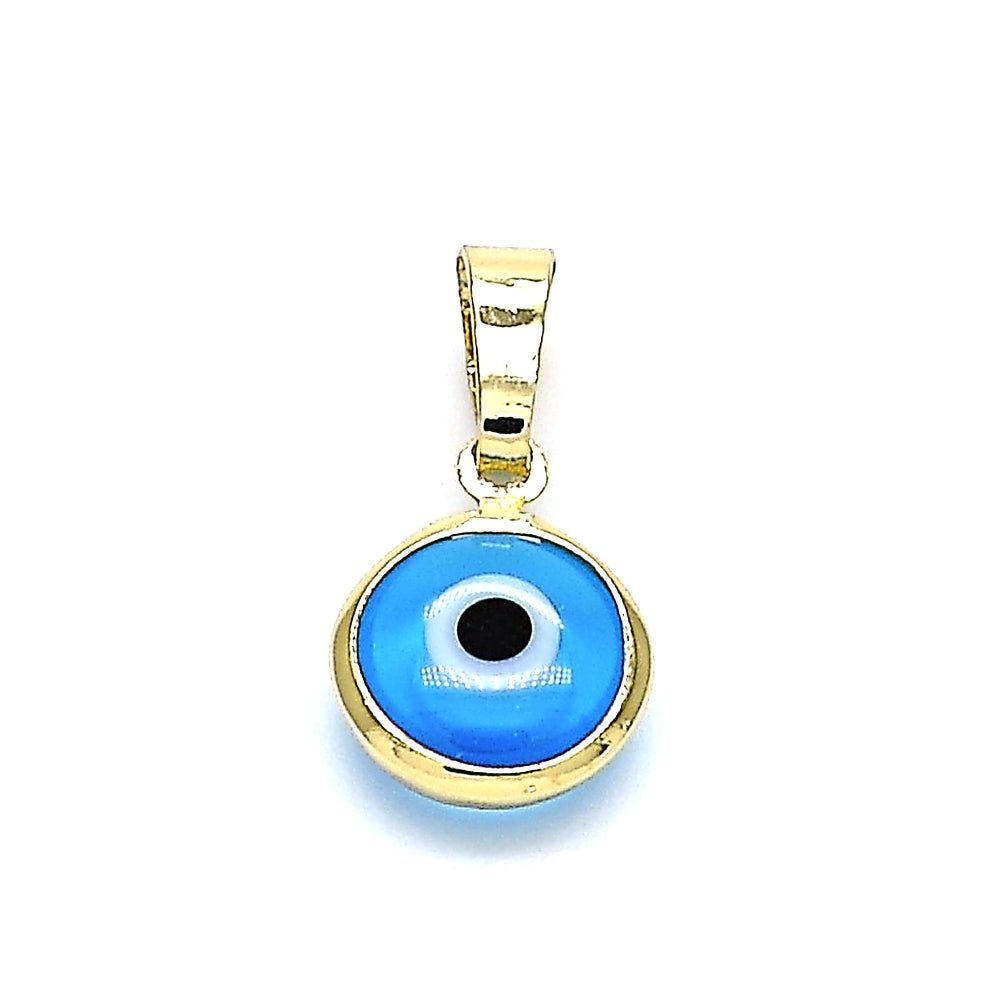 Oro Laminado Fancy Pendant, Gold Filled Style Evil Eye Design, Azul claro Resin Finish, Golden Finish
