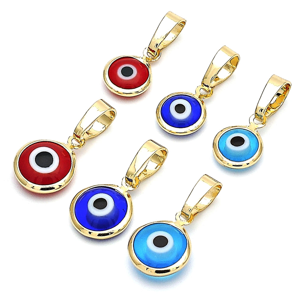 Oro Laminado Fancy Pendant, Gold Filled Style Evil Eye Design, Azul claro Resin Finish, Golden Finish