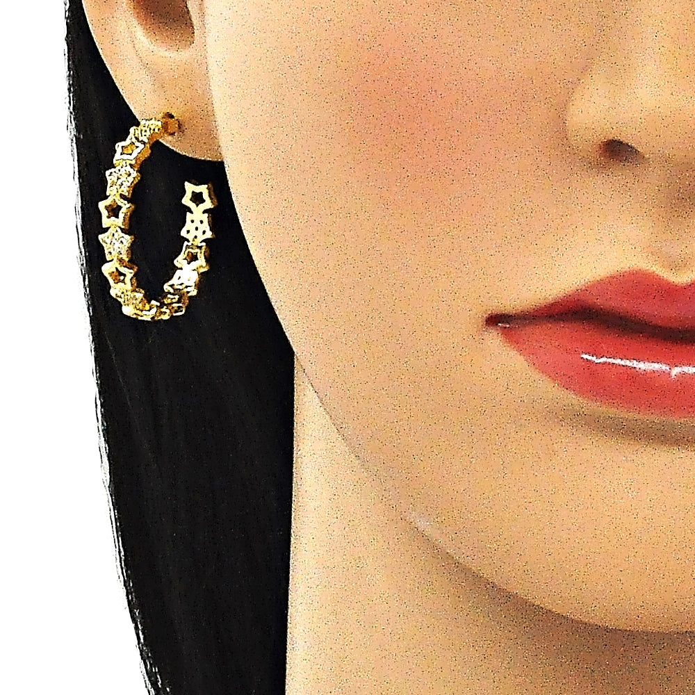Oro Laminado Stud Earring, Gold Filled Style Star Design, with White Micro Pave, Polished, Golden Finish