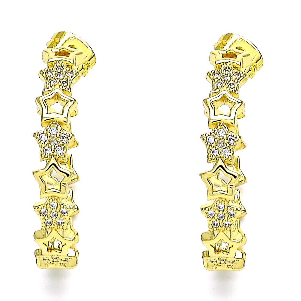 Oro Laminado Stud Earring, Gold Filled Style Star Design, with White Micro Pave, Polished, Golden Finish