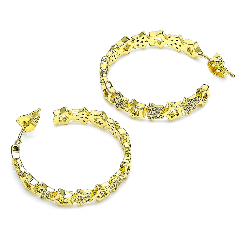 Oro Laminado Stud Earring, Gold Filled Style Star Design, with White Micro Pave, Polished, Golden Finish