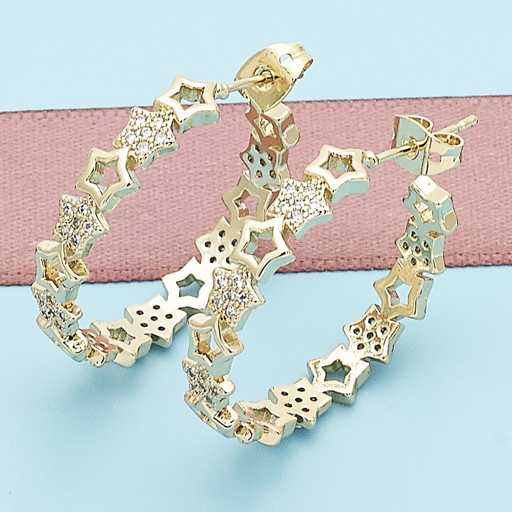 Oro Laminado Stud Earring, Gold Filled Style Star Design, with White Micro Pave, Polished, Golden Finish