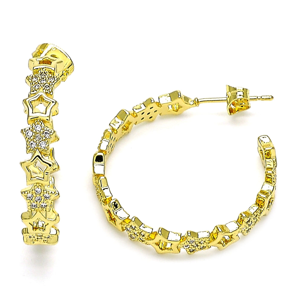 Oro Laminado Stud Earring, Gold Filled Style Star Design, with White Micro Pave, Polished, Golden Finish