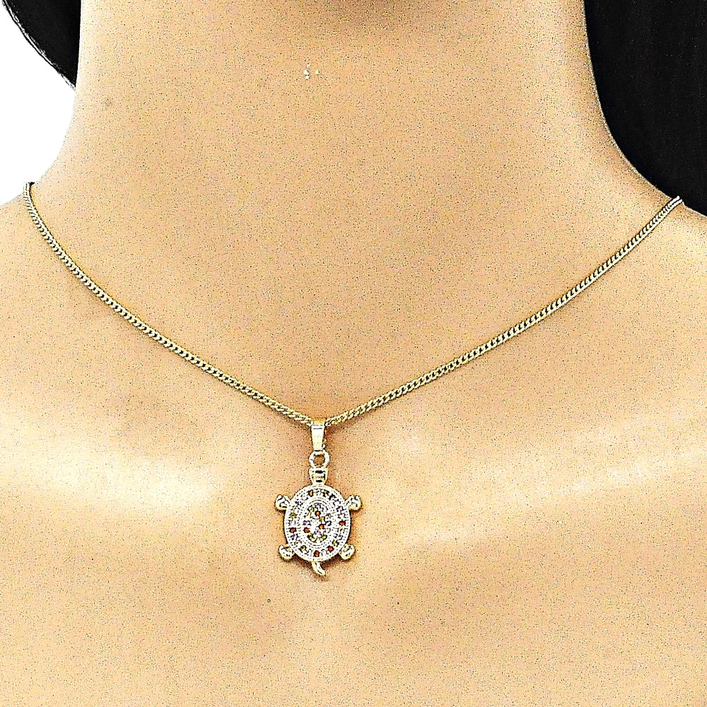 Oro Laminado Earring and Pendant Adult Set, Gold Filled Style Turtle Design, with Multicolor Micro Pave, Polished, Golden Finish