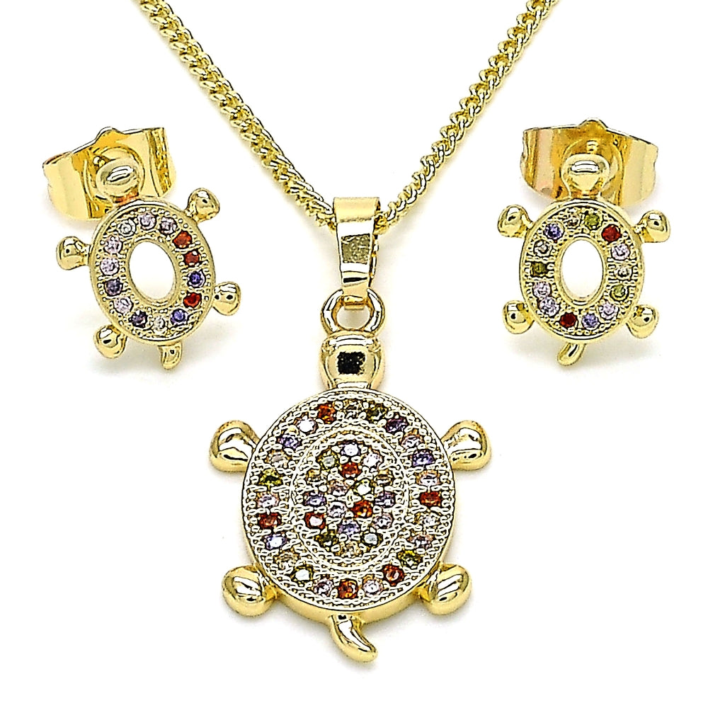 Oro Laminado Earring and Pendant Adult Set, Gold Filled Style Turtle Design, with Multicolor Micro Pave, Polished, Golden Finish