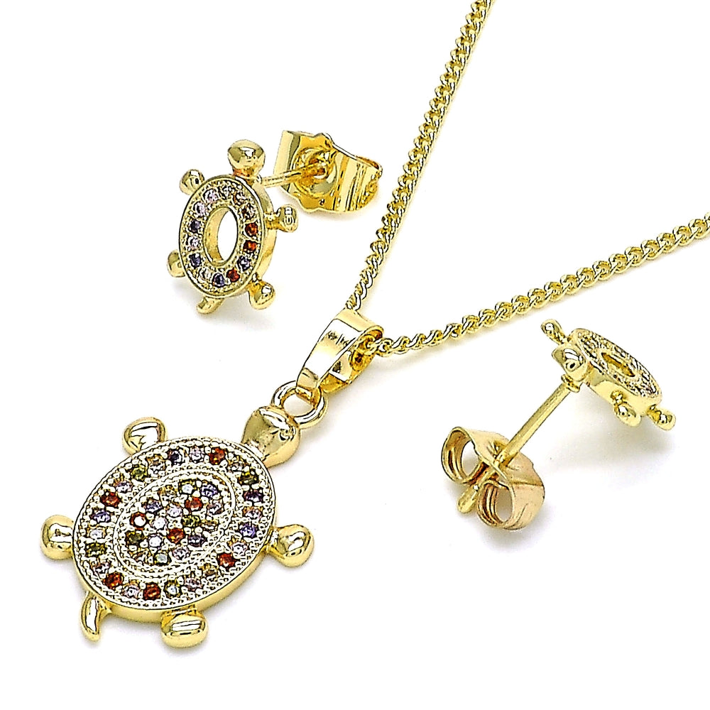 Oro Laminado Earring and Pendant Adult Set, Gold Filled Style Turtle Design, with Multicolor Micro Pave, Polished, Golden Finish