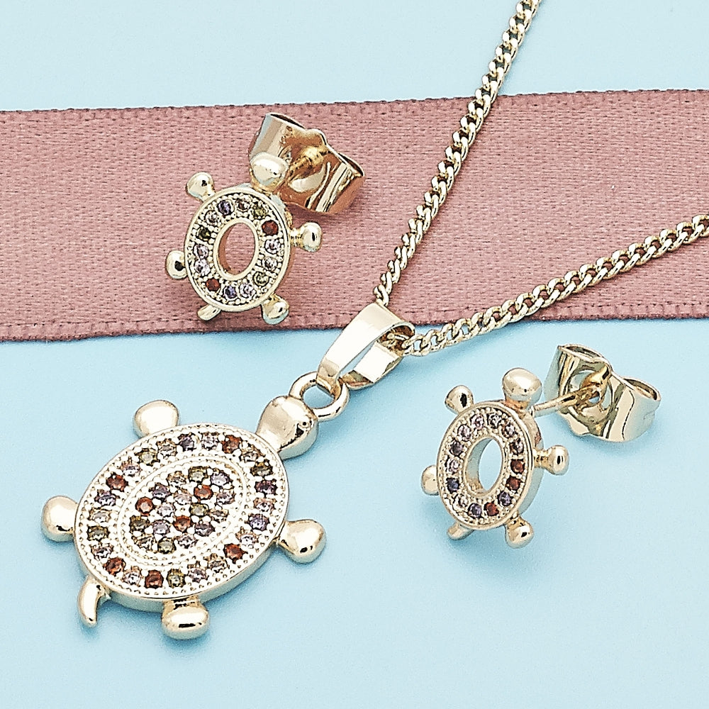 Oro Laminado Earring and Pendant Adult Set, Gold Filled Style Turtle Design, with Multicolor Micro Pave, Polished, Golden Finish