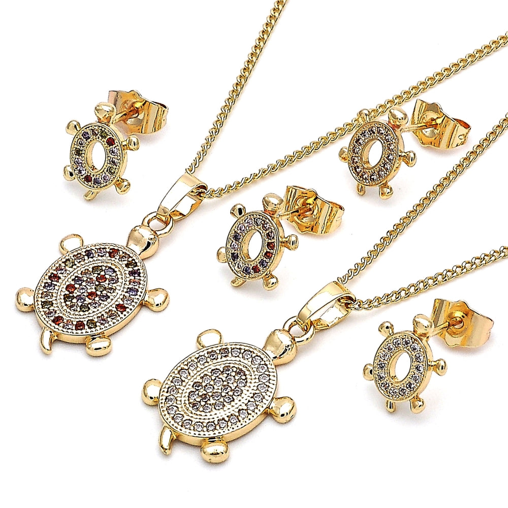 Oro Laminado Earring and Pendant Adult Set, Gold Filled Style Turtle Design, with Multicolor Micro Pave, Polished, Golden Finish