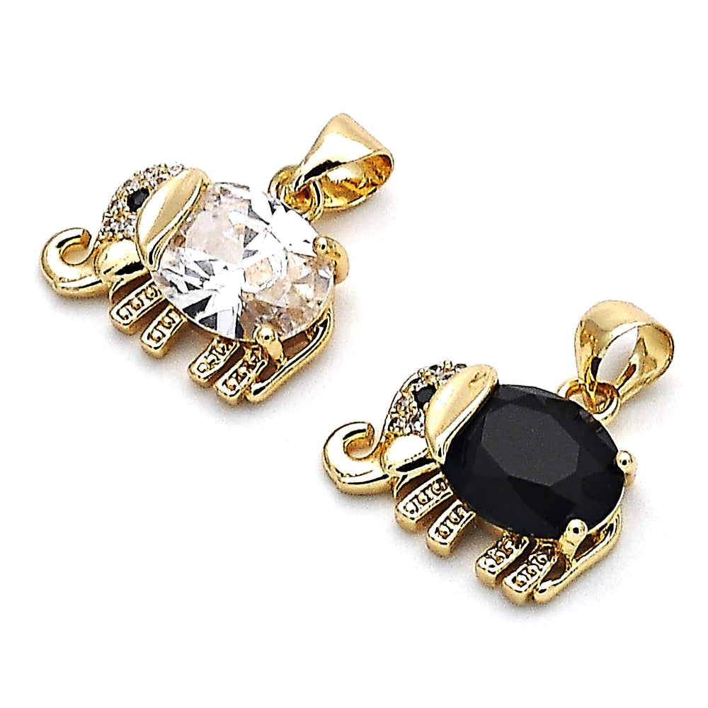 Oro Laminado Fancy Pendant, Gold Filled Style Elephant Design, with White and Black Cubic Zirconia, Polished, Golden Finish