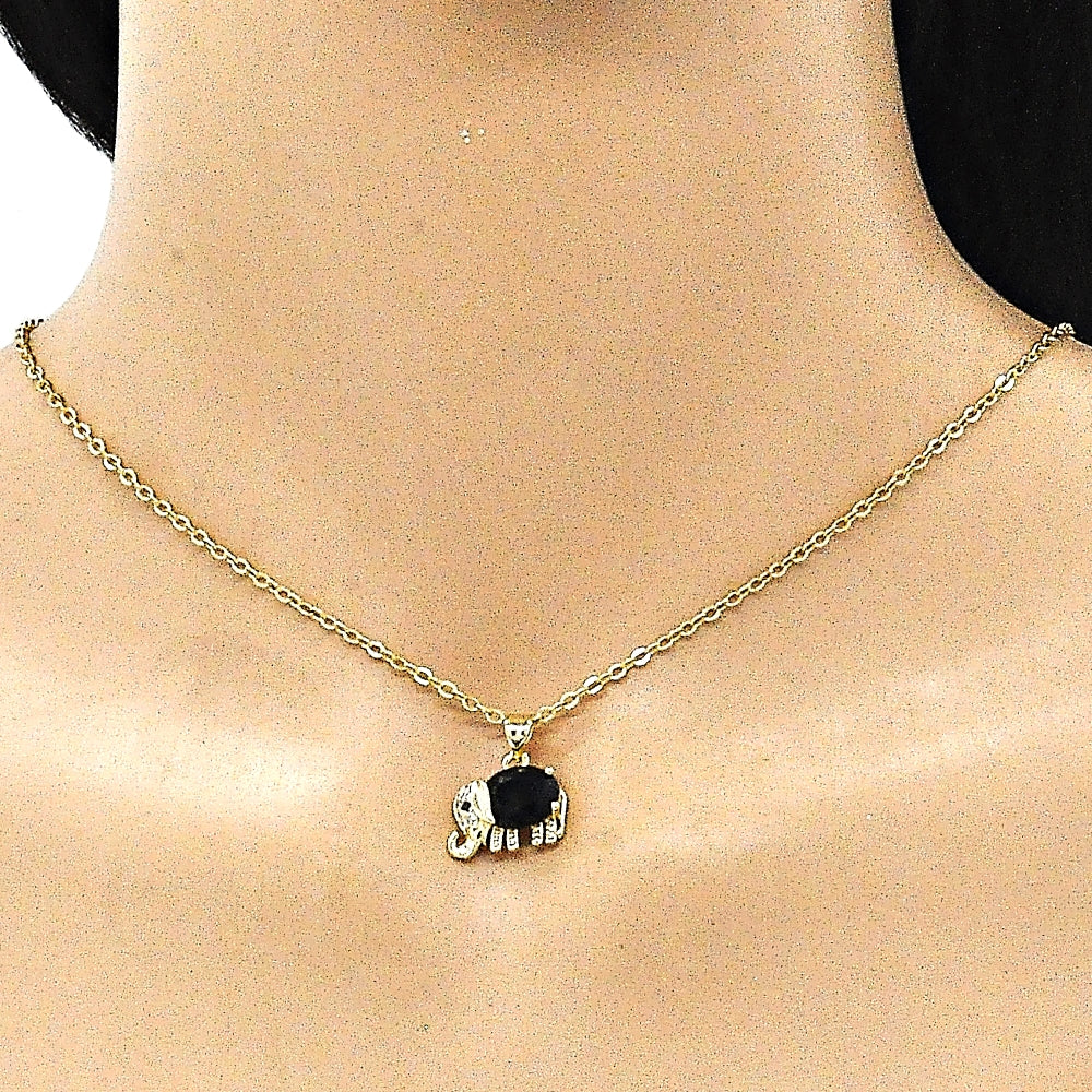 Oro Laminado Fancy Pendant, Gold Filled Style Elephant Design, with Black and White Cubic Zirconia, Polished, Golden Finish