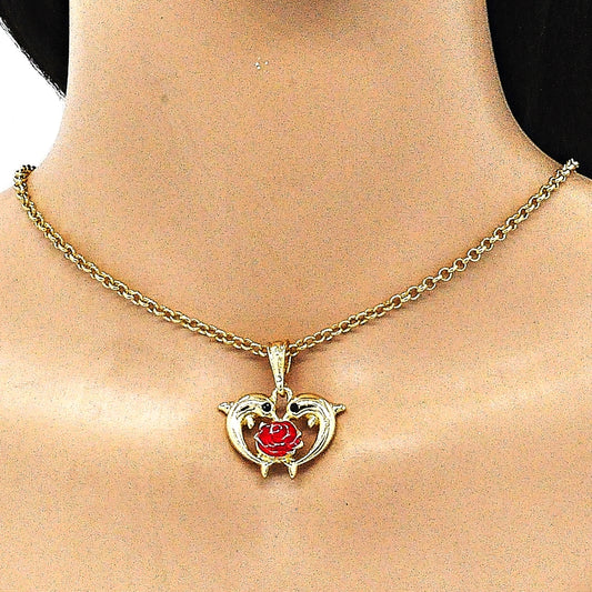Oro Laminado Fancy Pendant, Gold Filled Style Dolphin and Flower Design, with Black Crystal, Red Enamel Finish, Golden Finish